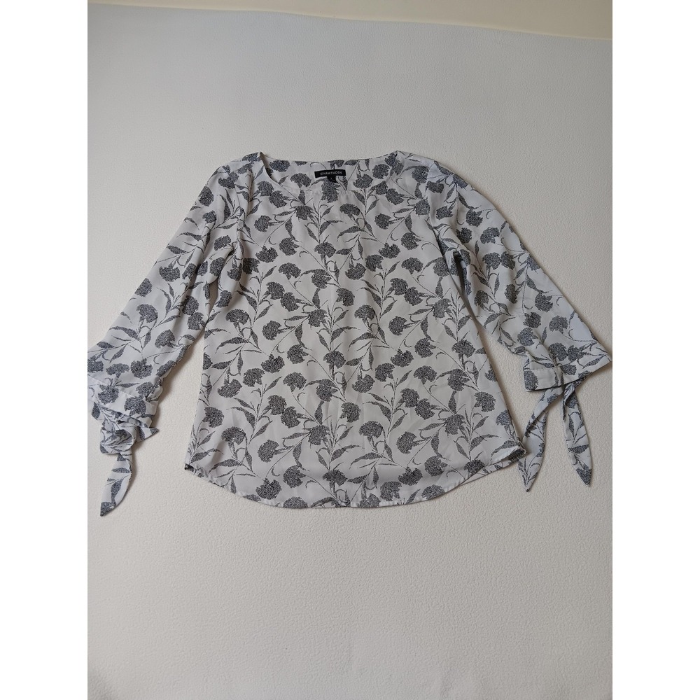 41 Hawthorn Blouse Womens S Gray Floral Tunic Long Sleeve Chiffon Bow Tie Cuff